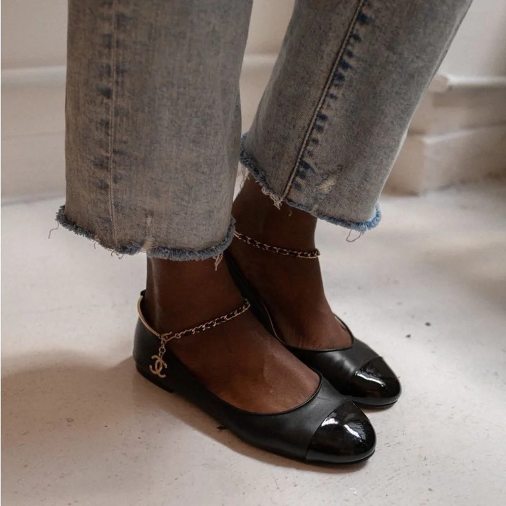 Chanel Cap Toe Leather Ballet Flats with Ankle Chain - Picture 3 of 5